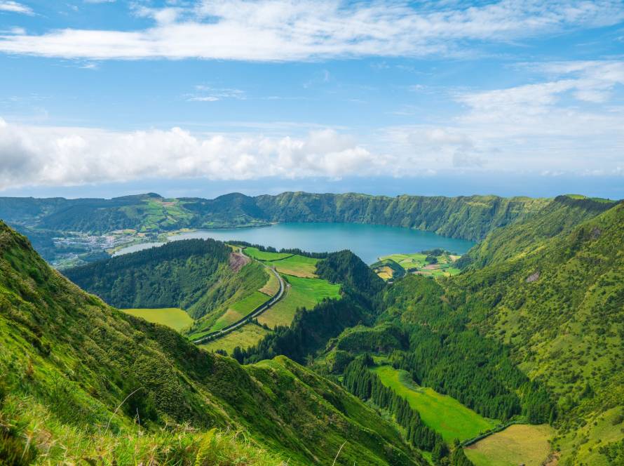 Aerial view of the Lagoa das Sete Cidades lakes on Sao Miguel Azores